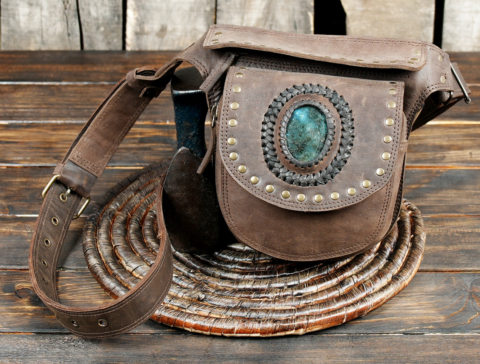 Steampunk-style leather belt bag with studs