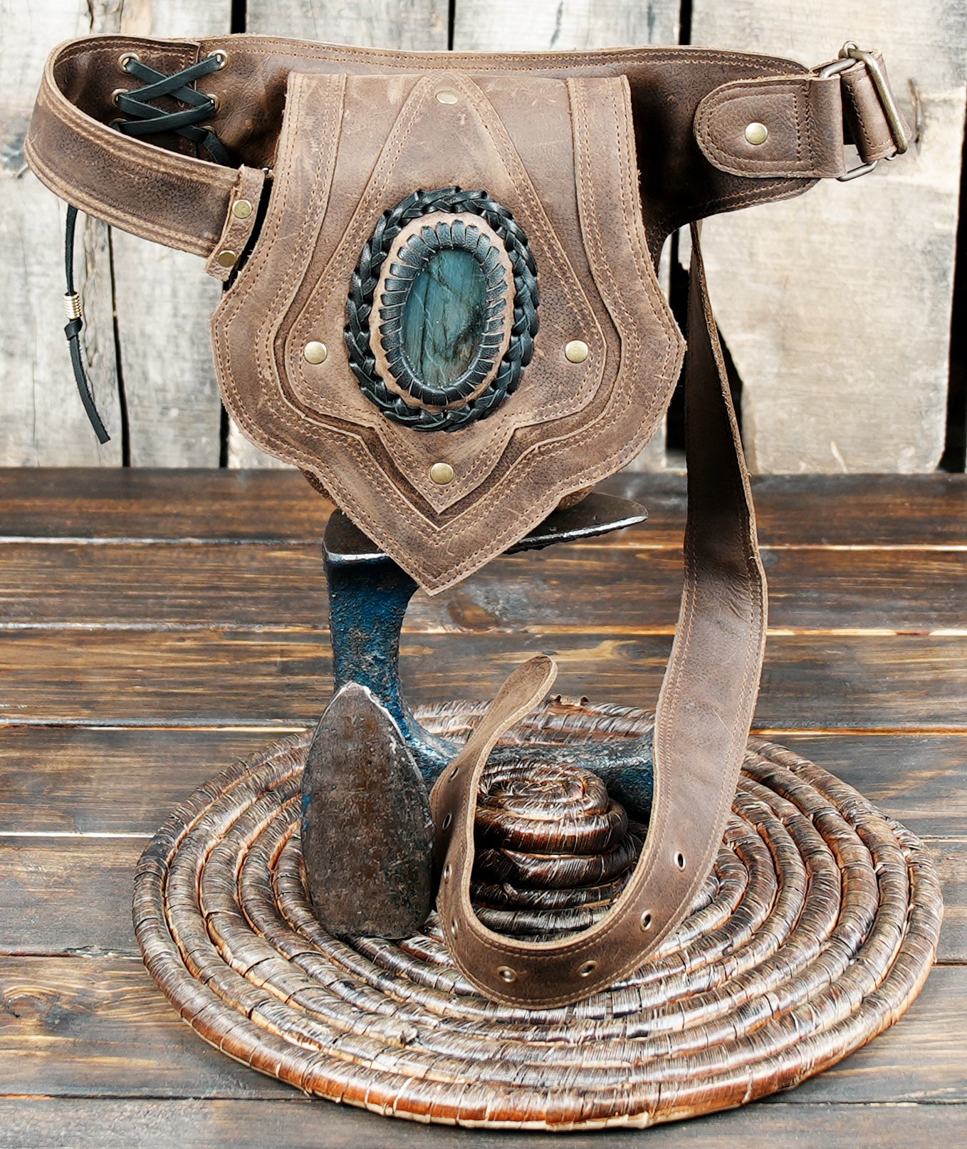 Boho Leather Waist Bag with Natural Gemstones: Free-Spirited Style free size