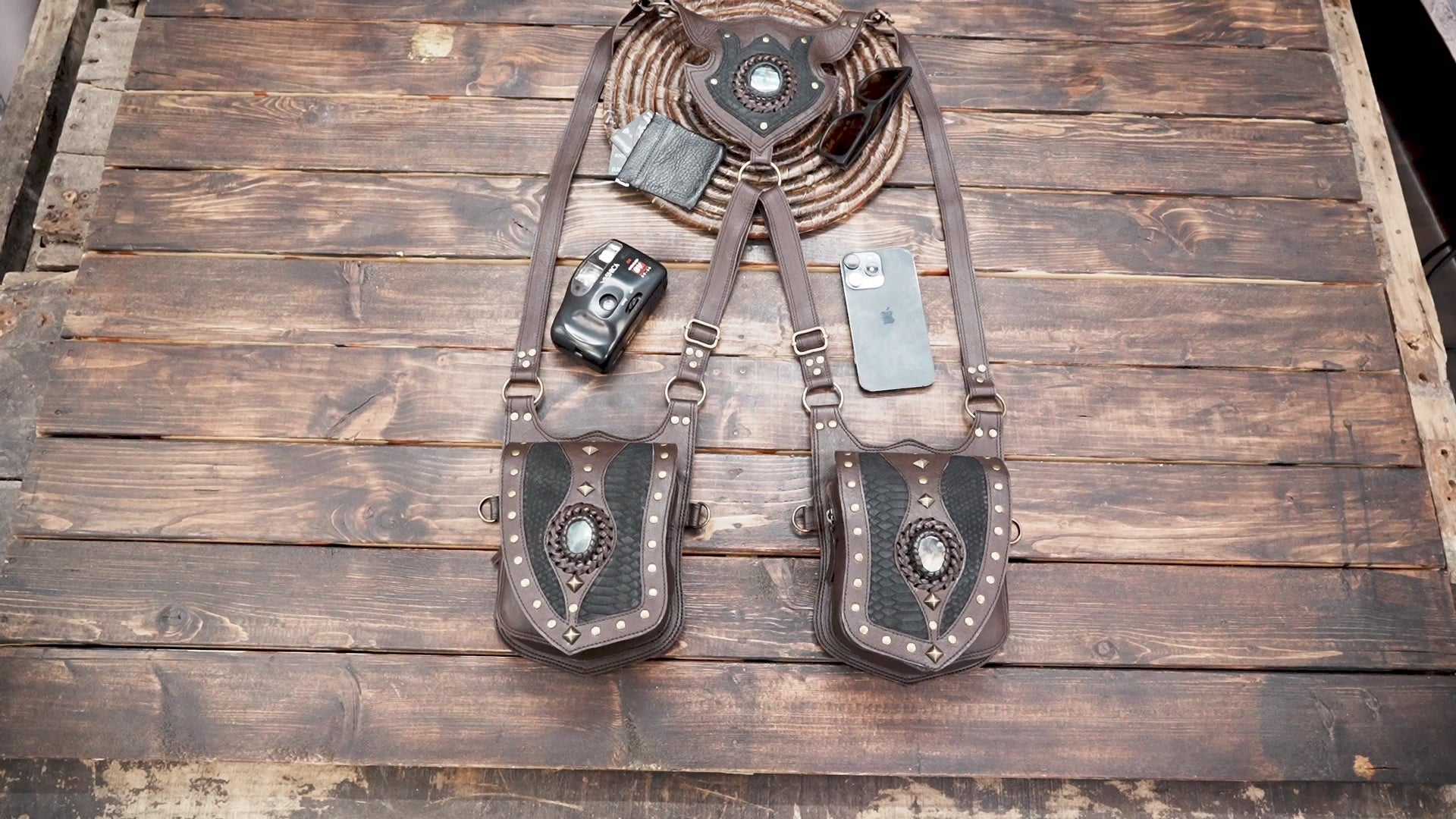 Brown & Black Leather Shoulder Holster – Steampunk, Tribal & Gothic Belt Bag
