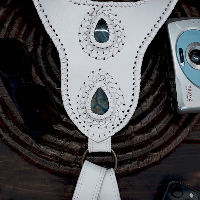 Handmade white waist holster bag featuring detailed stitching and gemstone inlays.