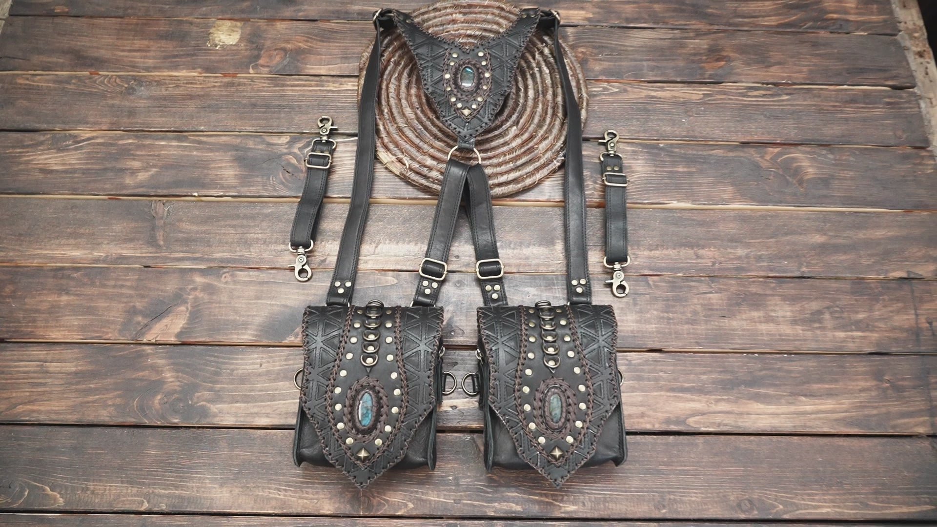Black leather festival harness with two hip pouches