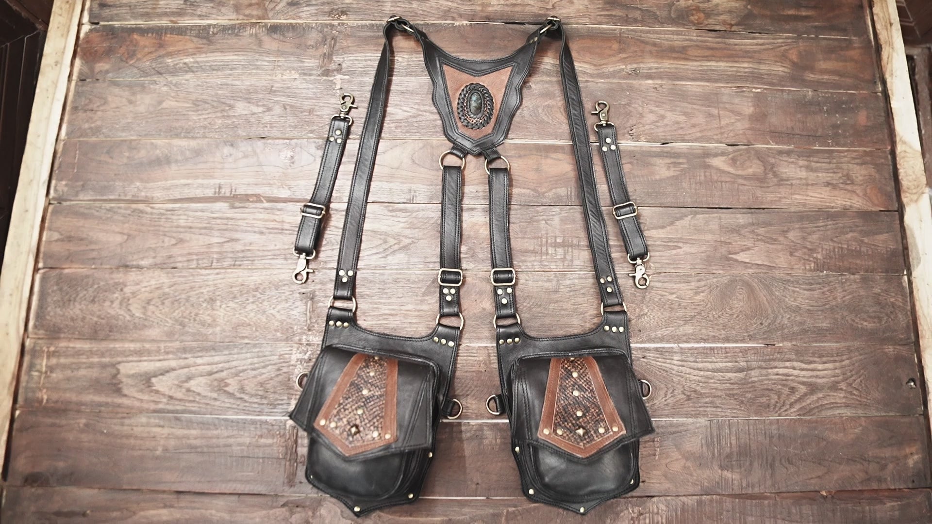 Steampunk cotton holster bag with leather accents and rivet details
