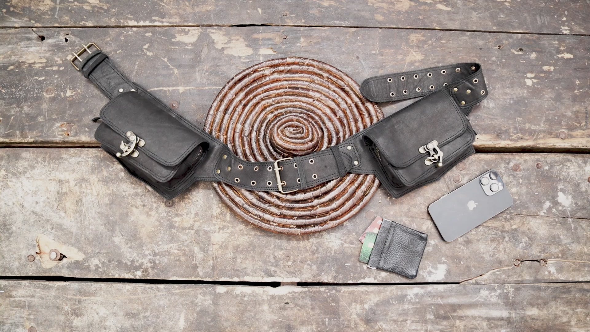 Durable black leather pouch belt for travel and festivals