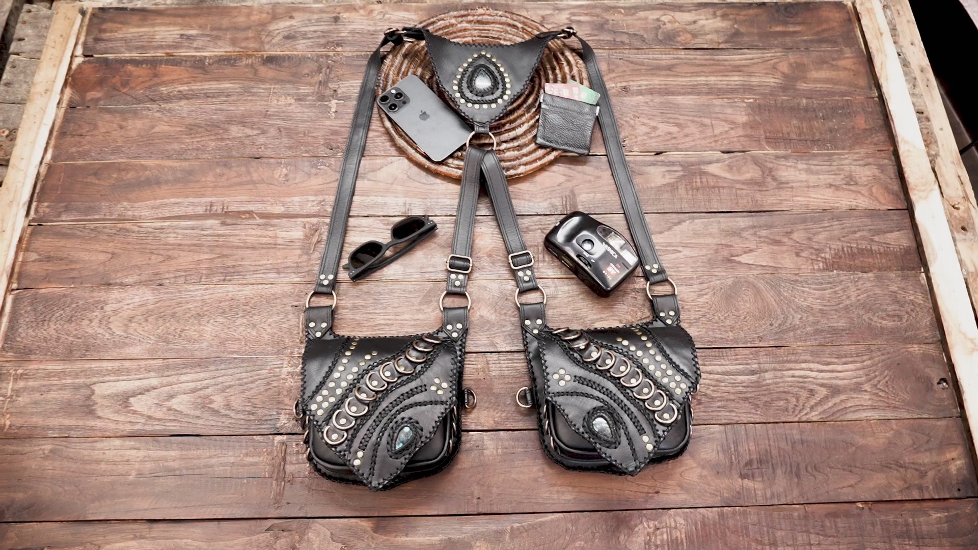 Black Handmade Leather Holster | Gemstone Harness Bag | Unisex Leather Holster Belt | Boho Style 