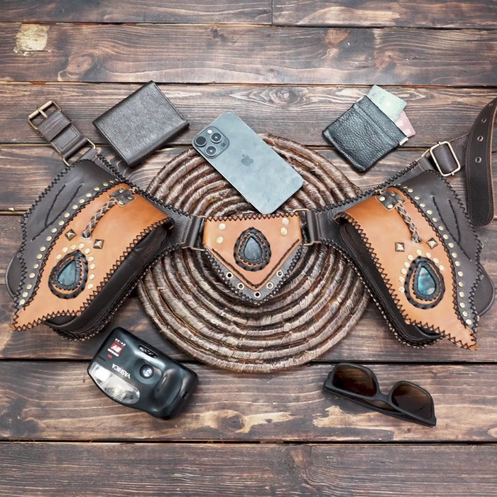 brown with design  Handmade Leather Holster | Gemstone Harness Bag | Unisex Leather Holster Belt 