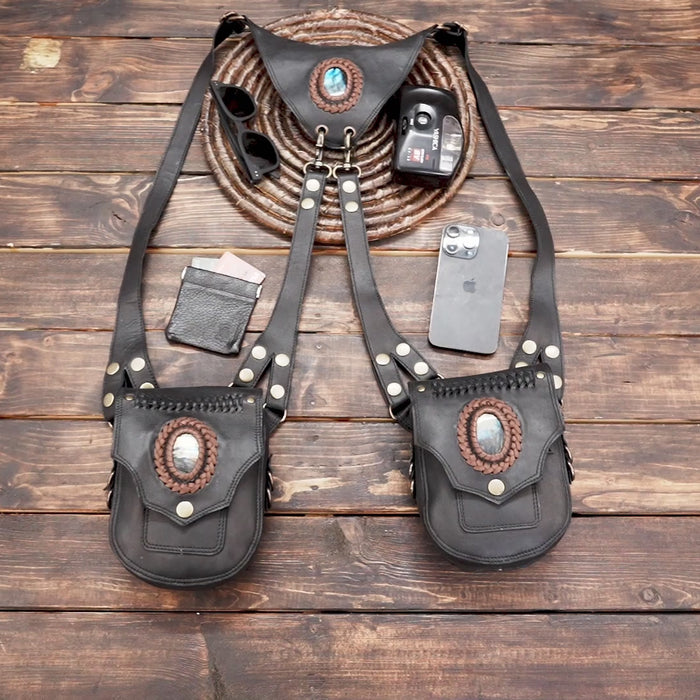 Buy Handmade Leather Holster Belt With Dual Utility Pouches with gemstone 