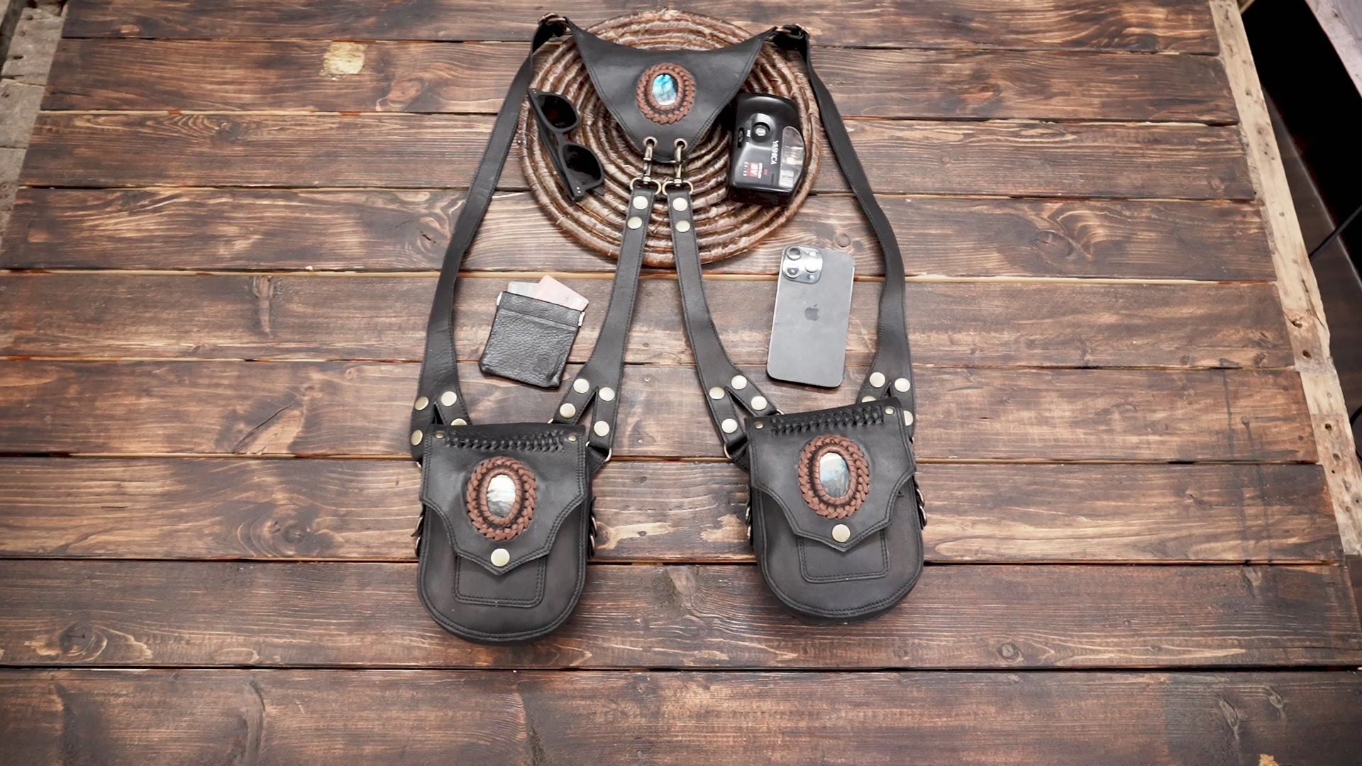 Buy Handmade Leather Holster Belt With Dual Utility Pouches with gemstone 