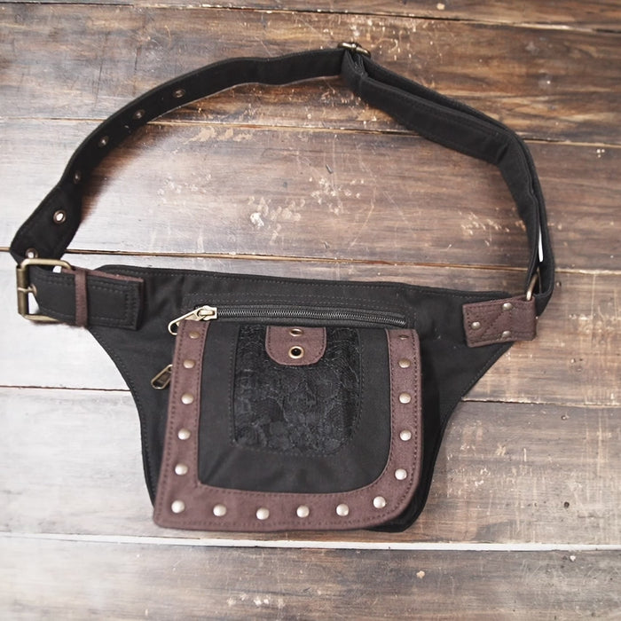 Steampunk-style black and brown waist bag