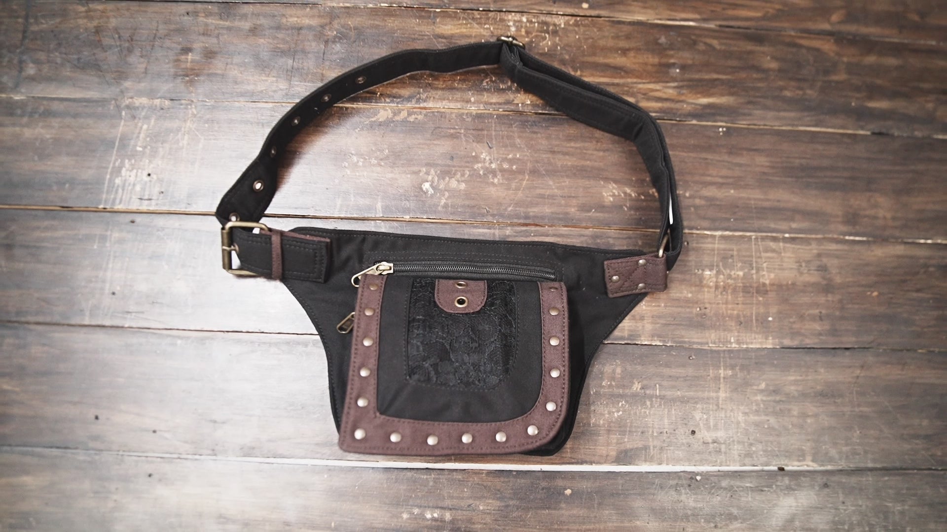 Steampunk-style black and brown waist bag