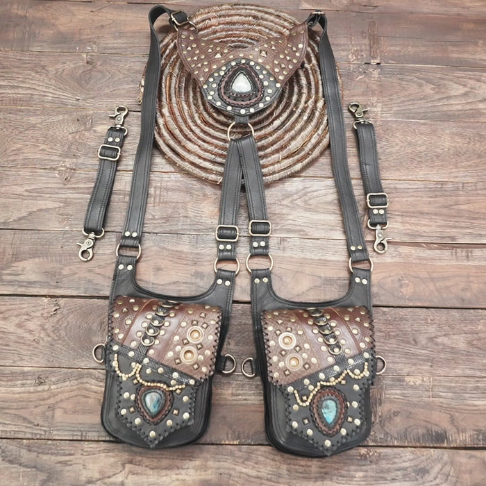 Handmade Leather Waist Belt with Labradorite Gemstone Pouches – Festival & Cosplay Utility Belt
