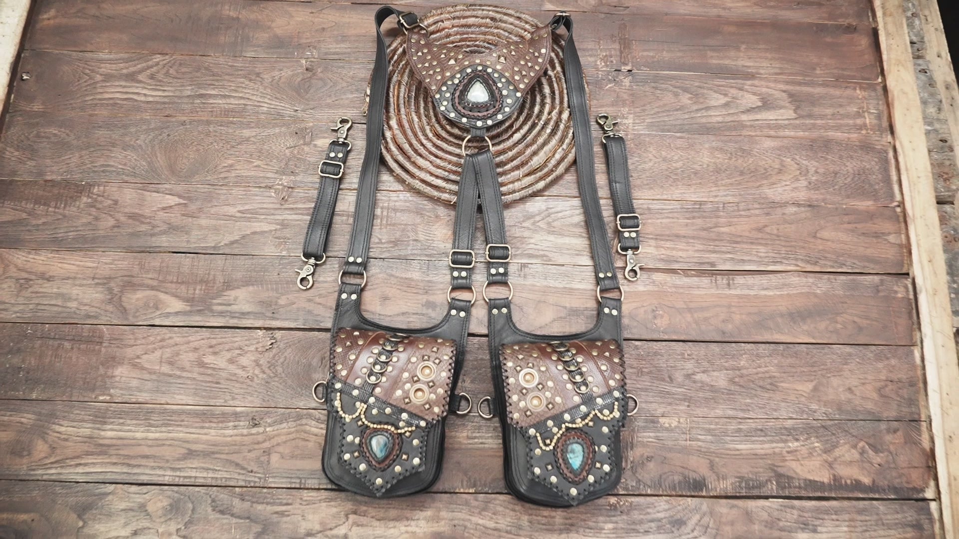 Handmade Leather Waist Belt with Labradorite Gemstone Pouches – Festival & Cosplay Utility Belt
