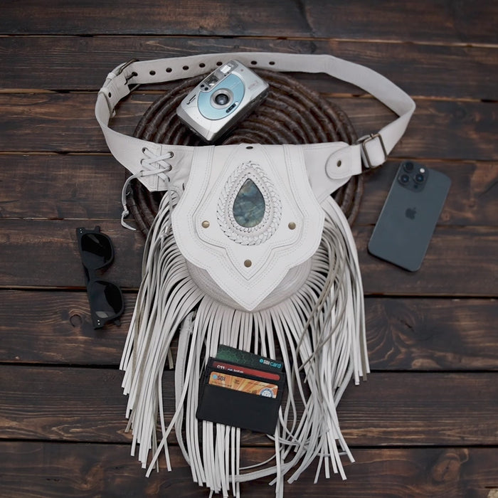 Handmade festival hip bag with gemstone and long leather fringe