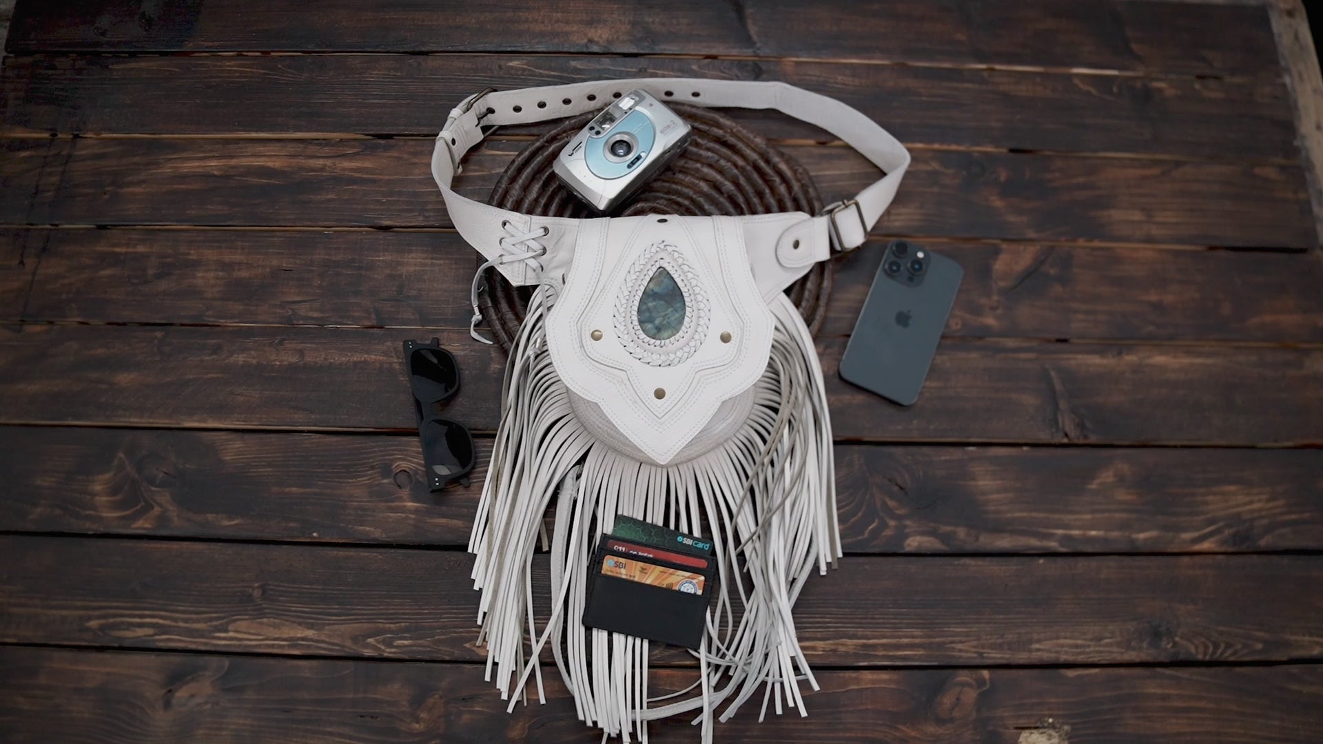 Handmade festival hip bag with gemstone and long leather fringe