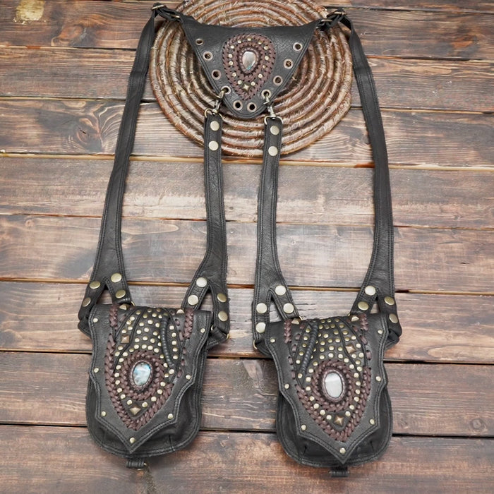 Tribal Leather Holster with Dual Pouches – Gothic & Boho Festival Accessory