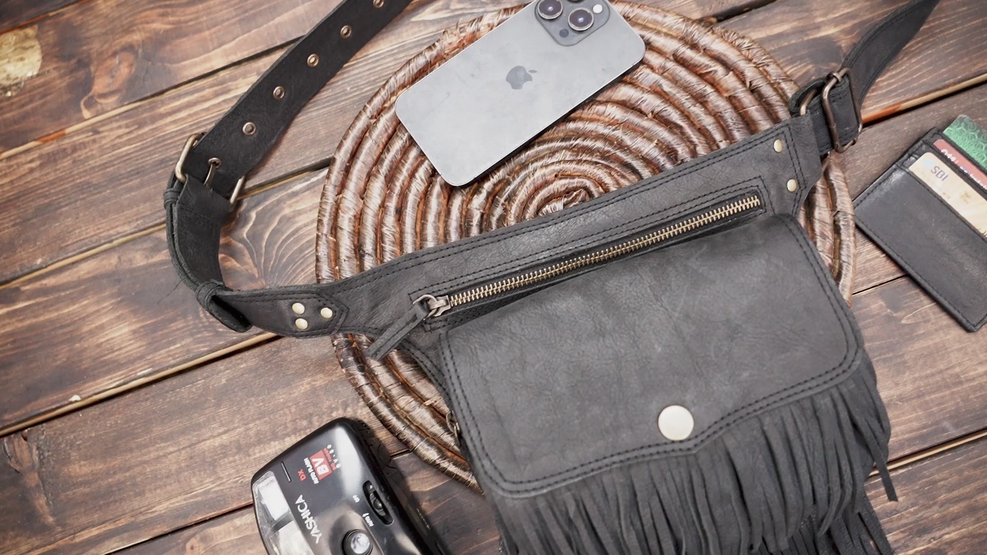 Handmade Black Leather Fringe Belt Bag: Festival Hip Pouch