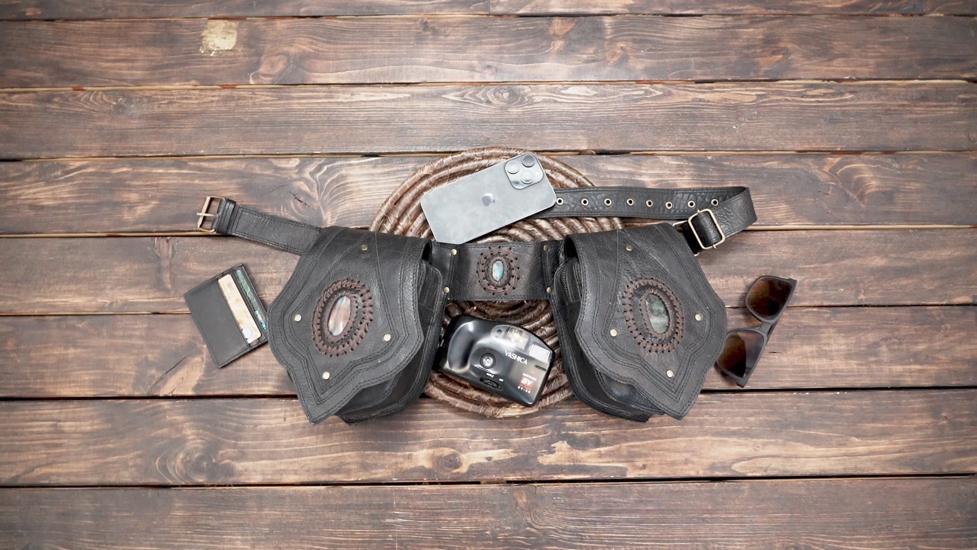 Brown Tribal Leather Waist Belt with labradorite gemstone – Gothic Boho Hip Bag with Stone Accents  (LT-AB-WB-6080)