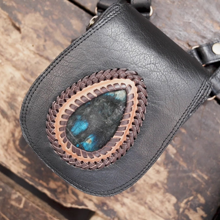 Handmade Black Leather holster Bag: Labradorite Gemstone Belt Pouch