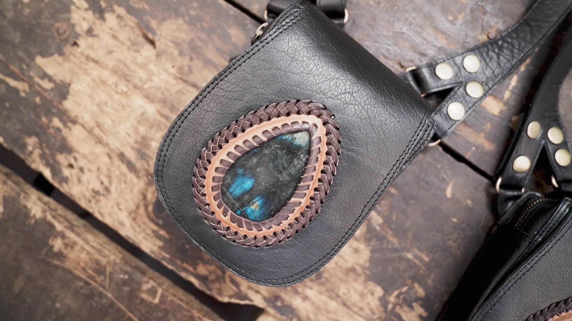 Handmade Black Leather holster Bag: Labradorite Gemstone Belt Pouch