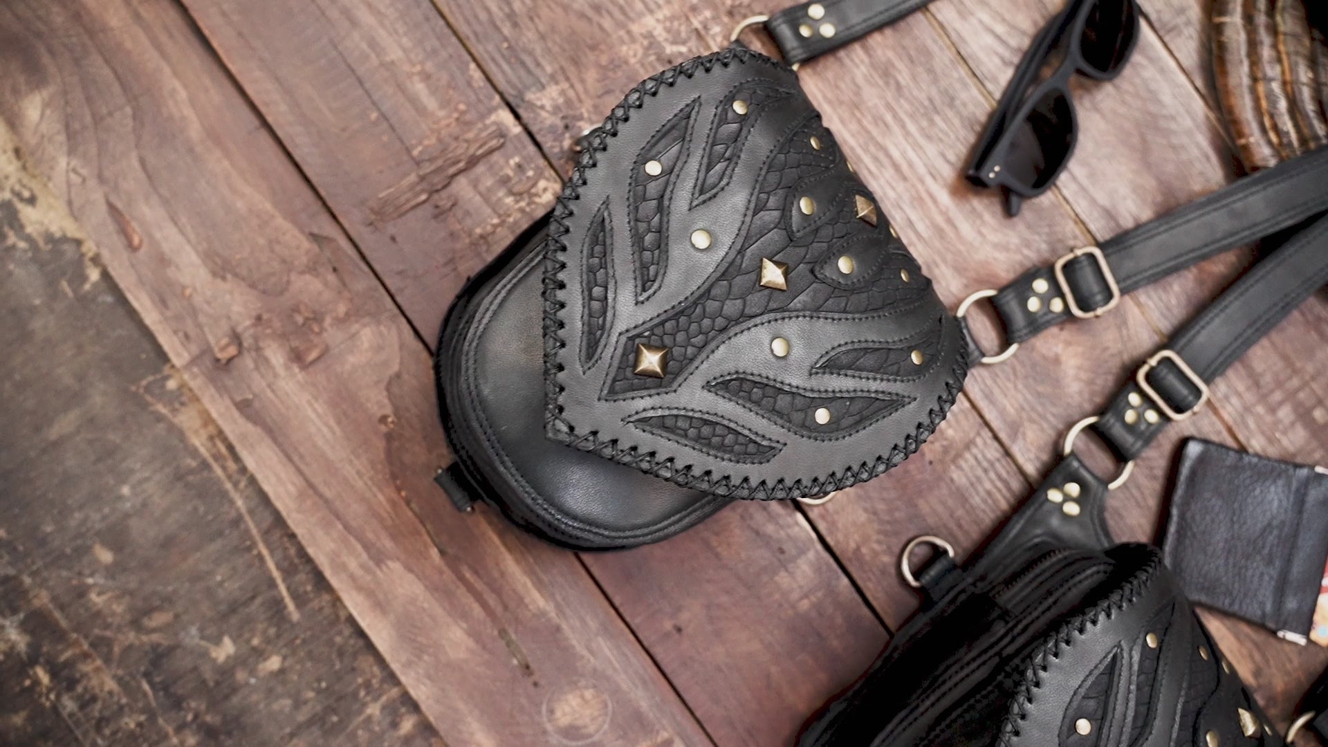 Black Leather Holster Bag Book Holster BagFestival Bag Travel Bag Shoulder Bag Harness Bag Double Holsters Bag with unique design 