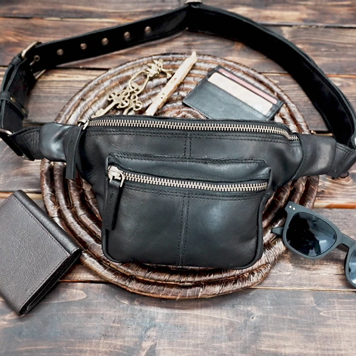 Handmade black leather fanny pack with zipper pockets