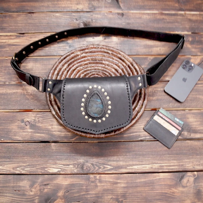 Leather Waist Belt With Labradorite Gemstone and Decorative Frills