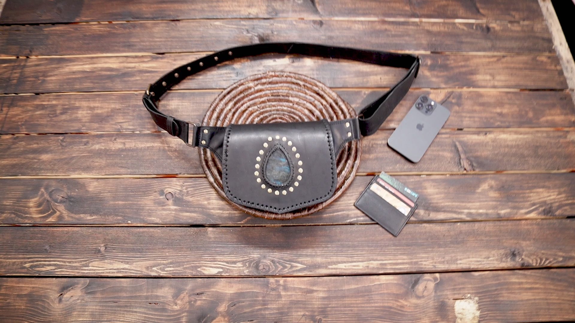 Leather Waist Belt With Labradorite Gemstone and Decorative Frills