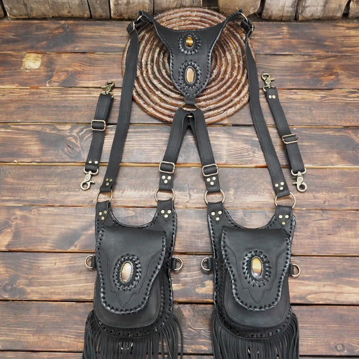 Handmade Black Leather Fringe Waist Bag: Labradorite Gemstone Belt Pouch