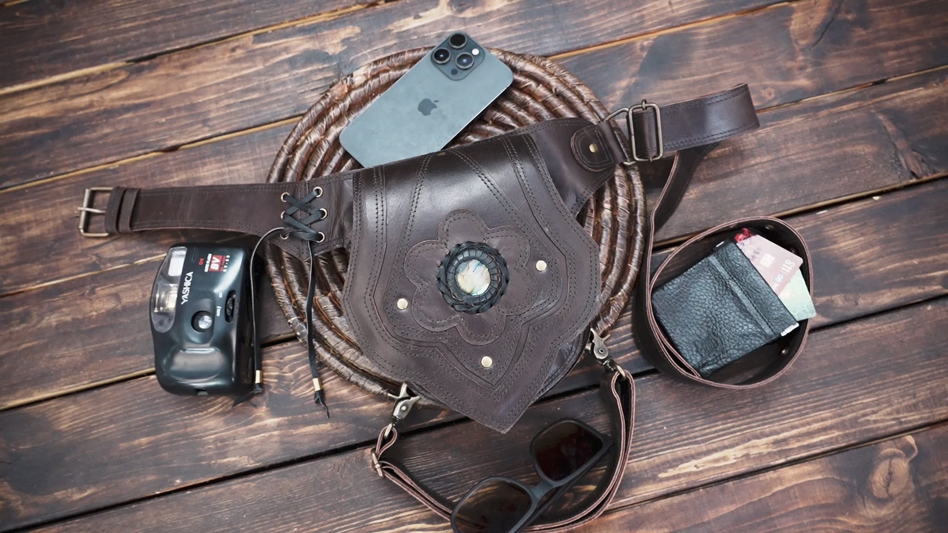 Handmade Leather Belt Bag: Gemstone Accent, Festival Fanny Pack