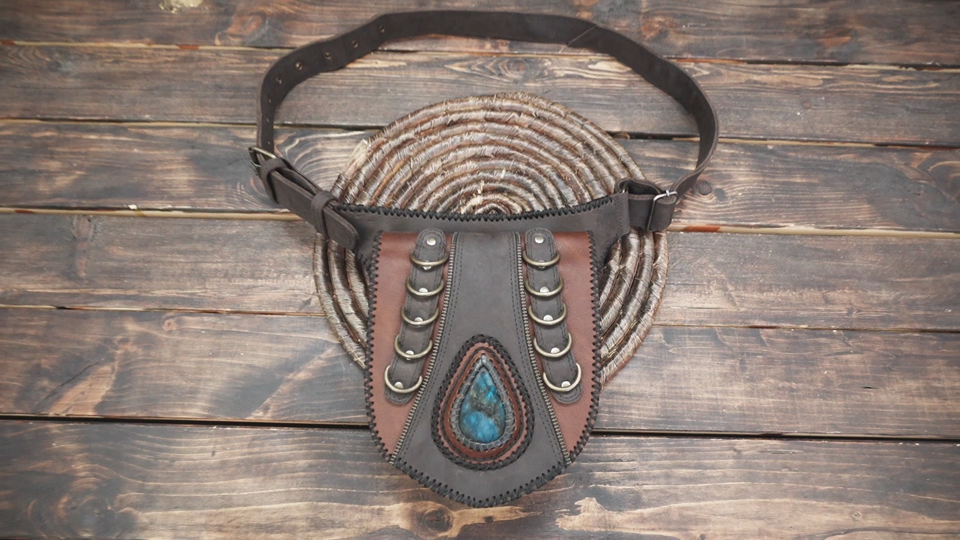 Fantasy style leather utility hip bag with teardrop stone centerpiece