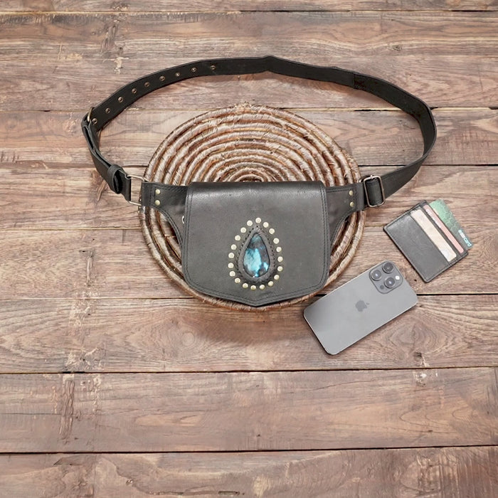 Buy Handmade Black Leather Belt Bag: Gemstone Fanny Pack, Tribal Boho Style Online in USA