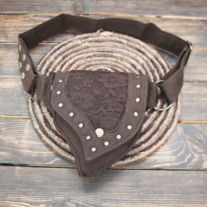 Steampunk-style brown lace waist bag with metal studs
