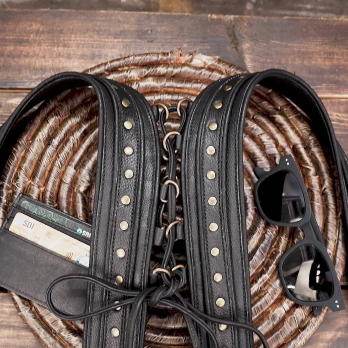 Leather Holster Bag With Crystals and Brass for Festivals and unique design 