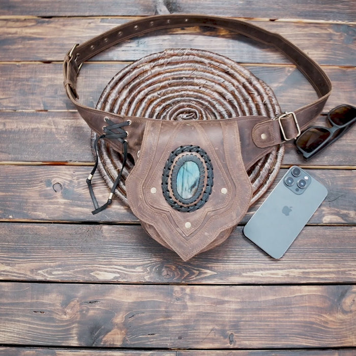 Buy Handmade Black Leather Belt Bag: Gemstone Fanny Pack, Tribal Boho Style Online in USA