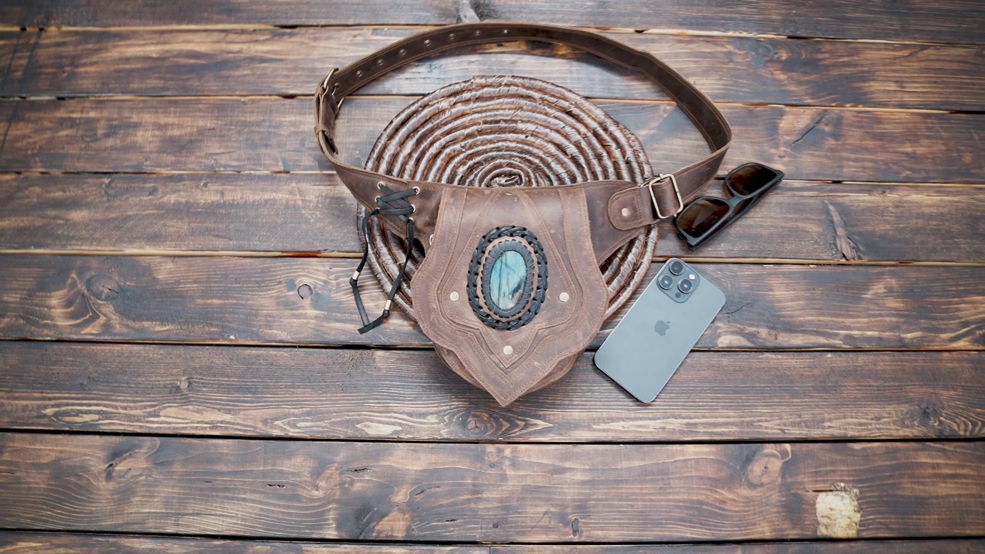 Buy Handmade Black Leather Belt Bag: Gemstone Fanny Pack, Tribal Boho Style Online in USA