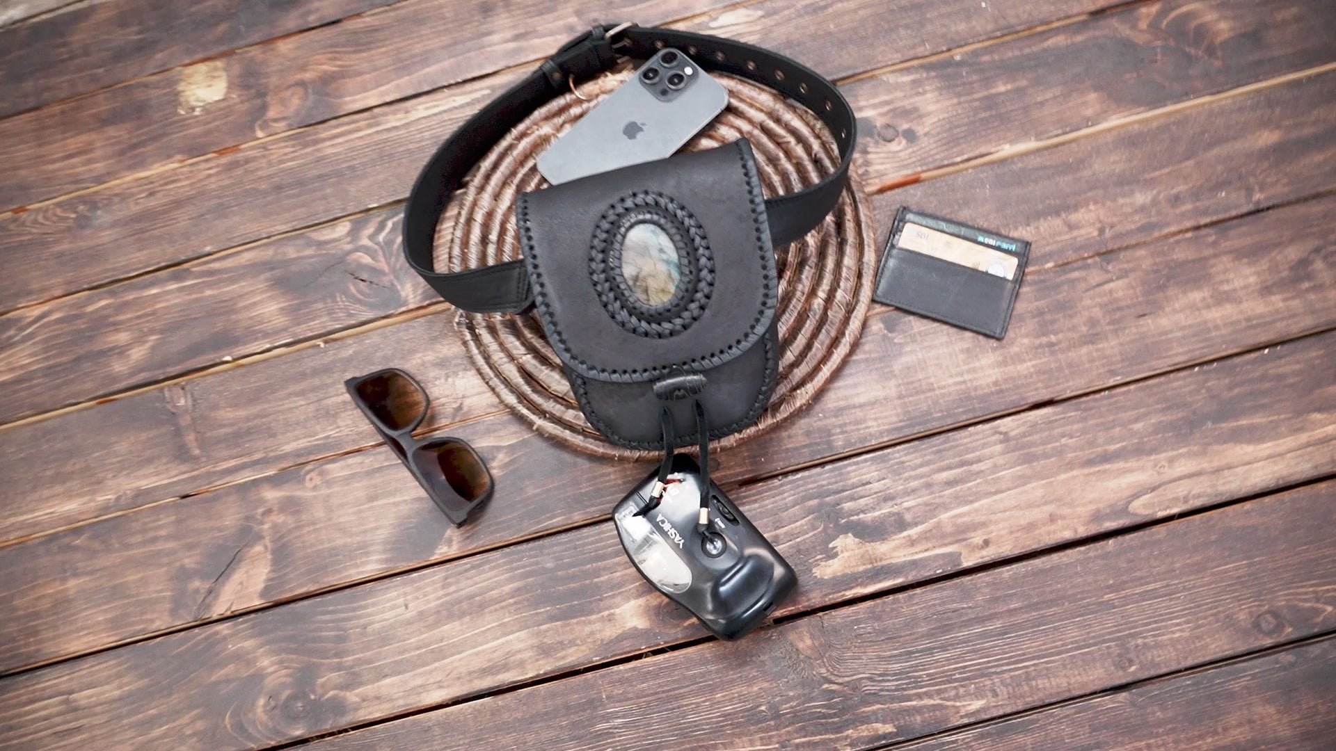 Handmade Black Leather Belt Bag: Gemstone Fanny Pack, Tribal Boho Style