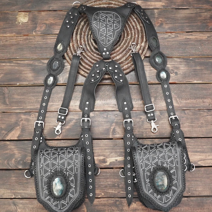 Embossed gothic leather holster with adjustable metal hardware for events and festivals