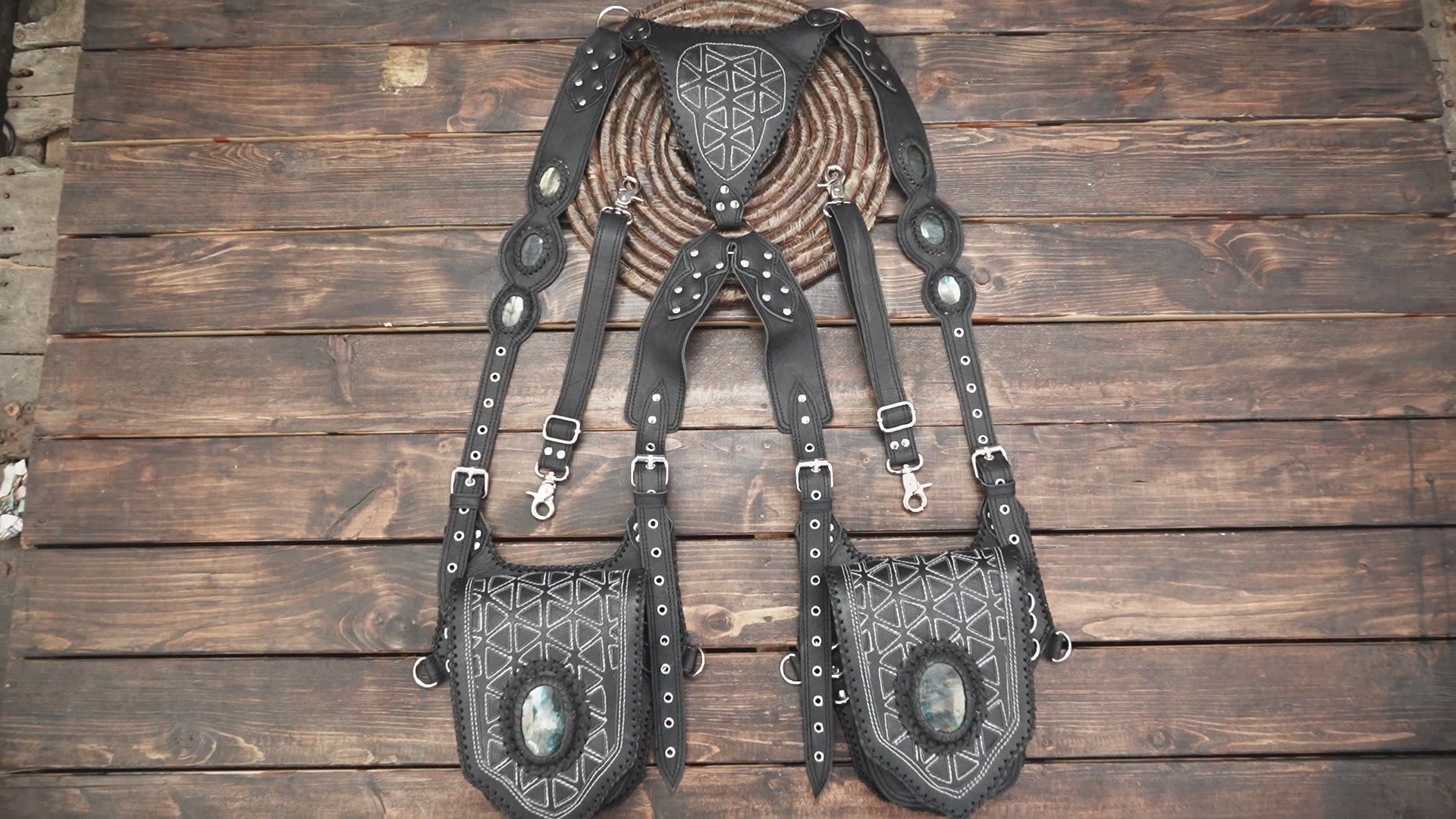 Embossed gothic leather holster with adjustable metal hardware for events and festivals