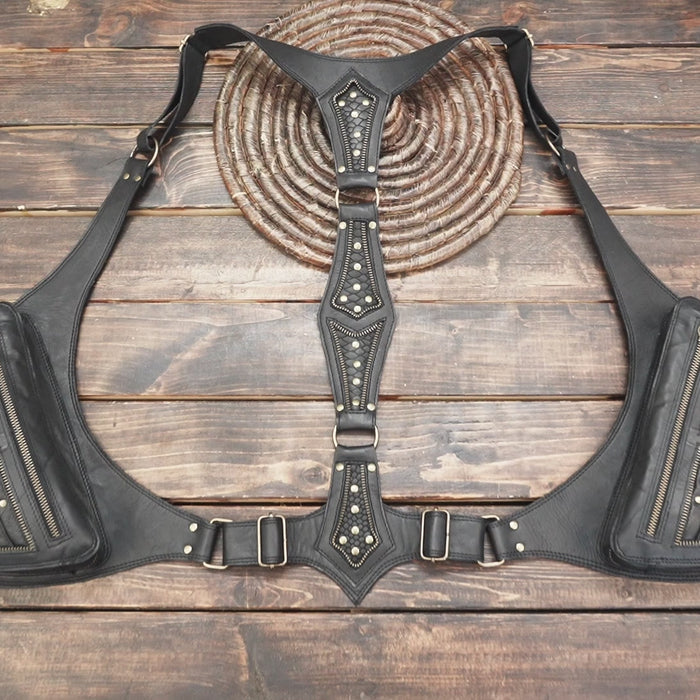 Handmade leather holster harness with metal studs and zipper pockets
