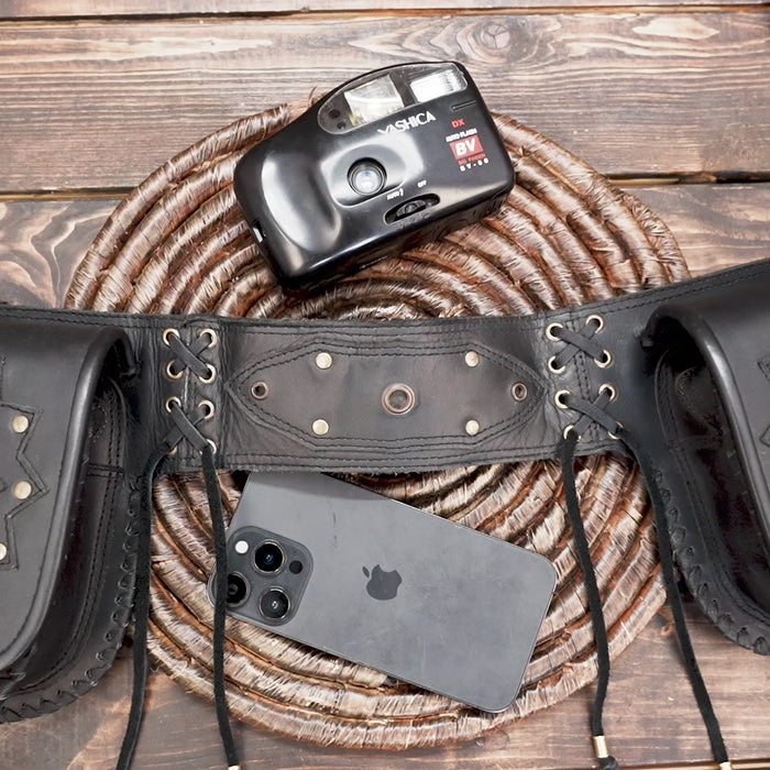 Festival style leather belt bag with dual pouches and stone inlay