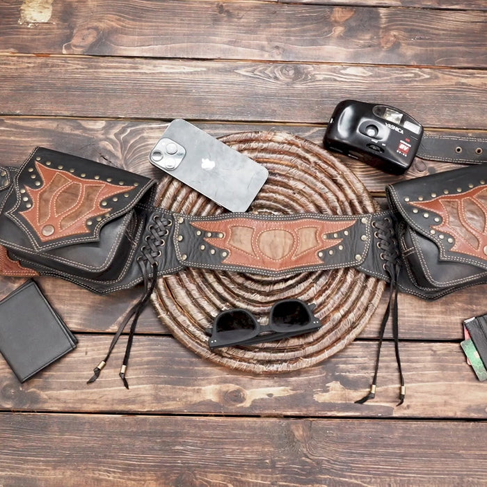 Leather Utility Belt: Festival Waist Pouch - Brown & Black