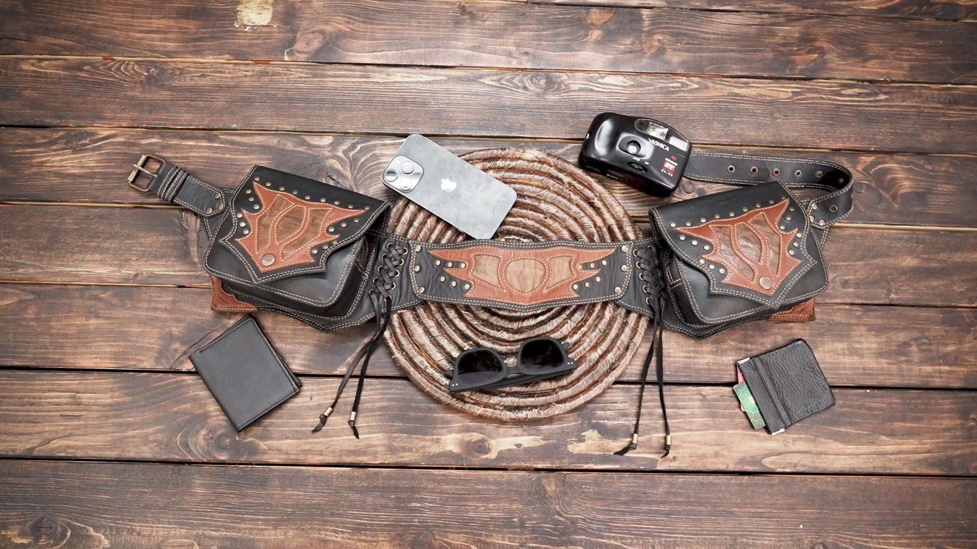 Leather Utility Belt: Festival Waist Pouch - Brown & Black