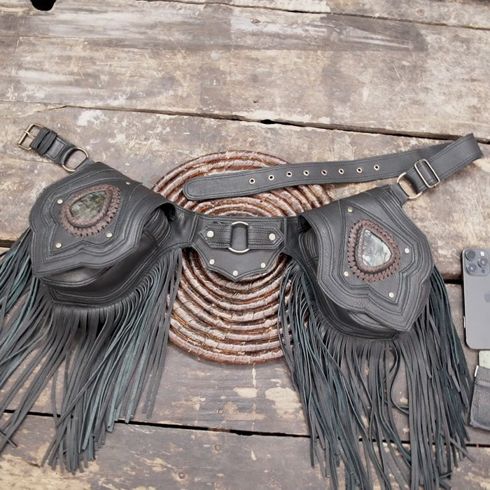 Gothic black leather waist pouch belt with gemstone detail