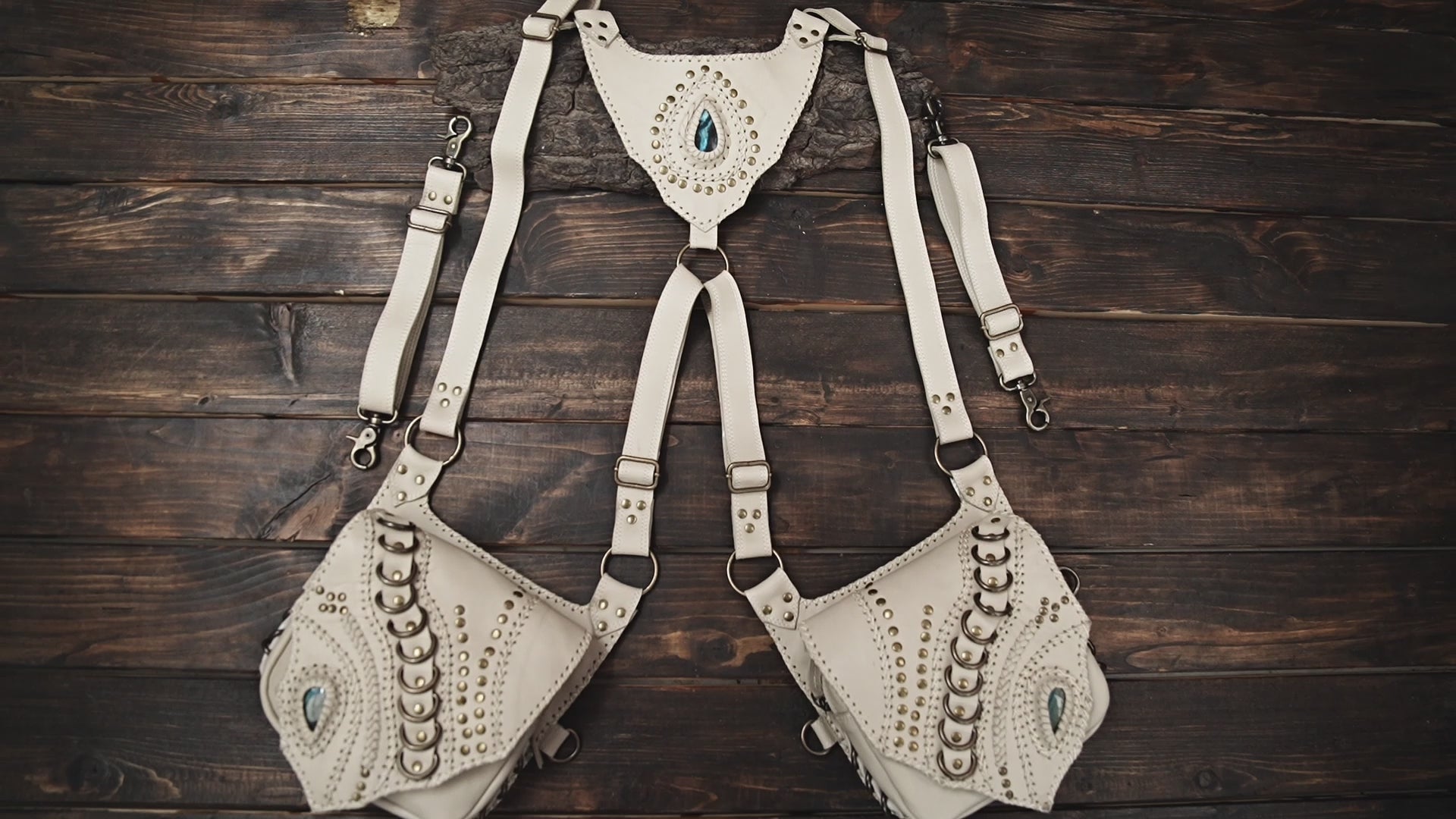 Festival style leather harness bag in white with dual pouches