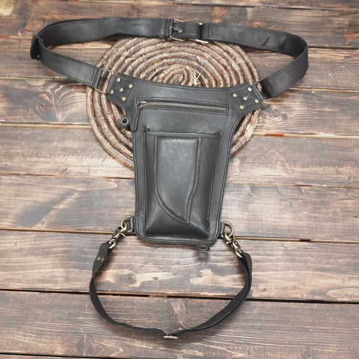 Genuine leather thigh holster bag with adjustable waist and thigh straps – gothic steampunk style
