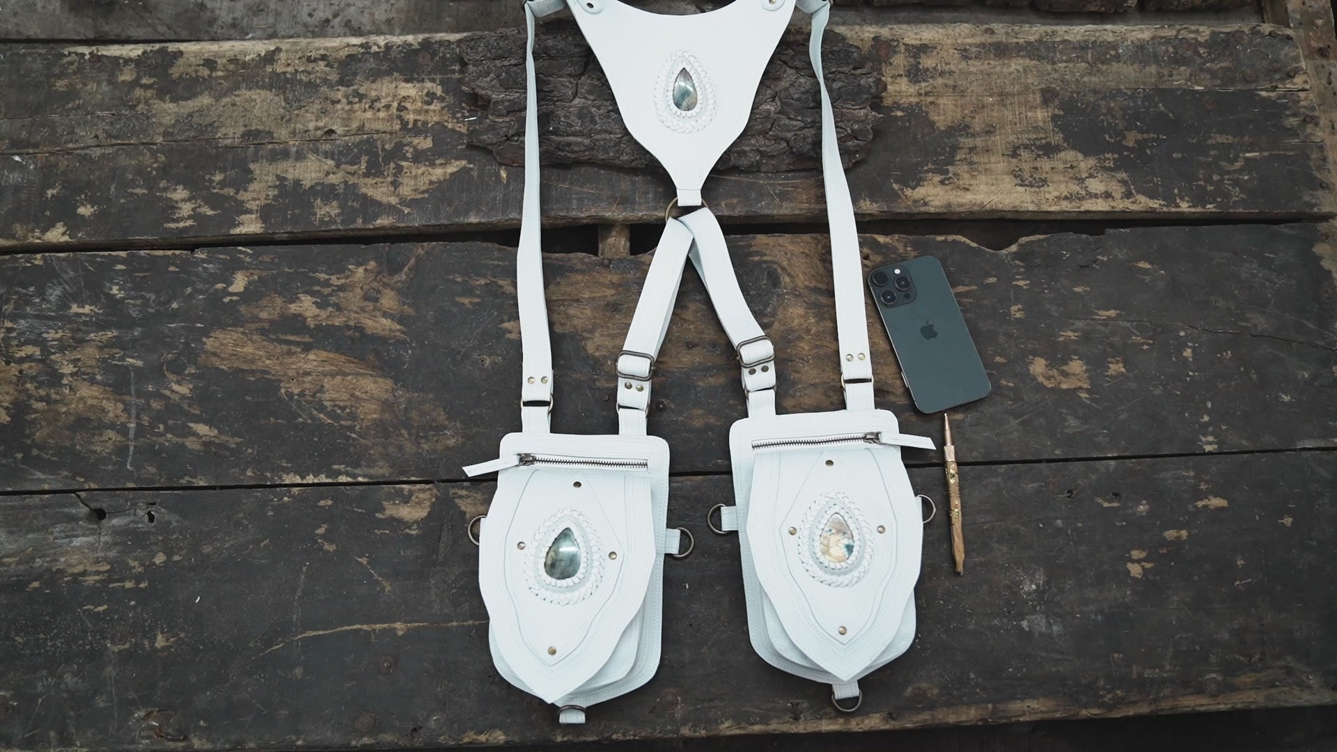 Festival white leather shoulder holster with gemstone detail