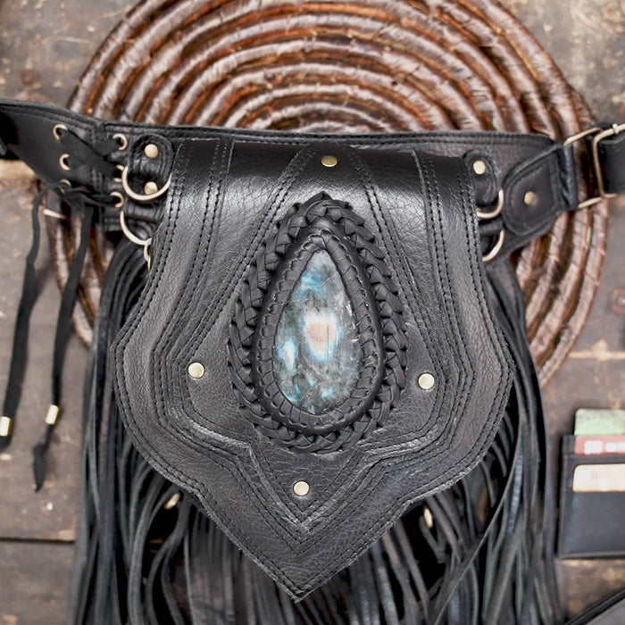 Festival leather utility belt with long black fringe