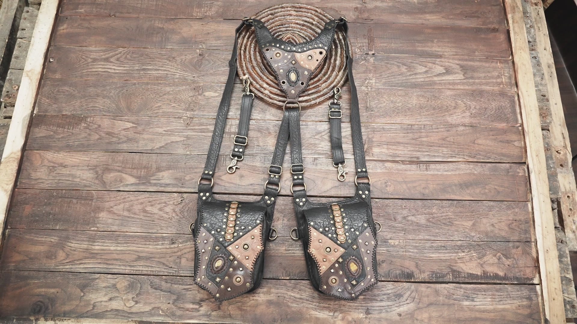 Adjustable steampunk leather harness bag for men