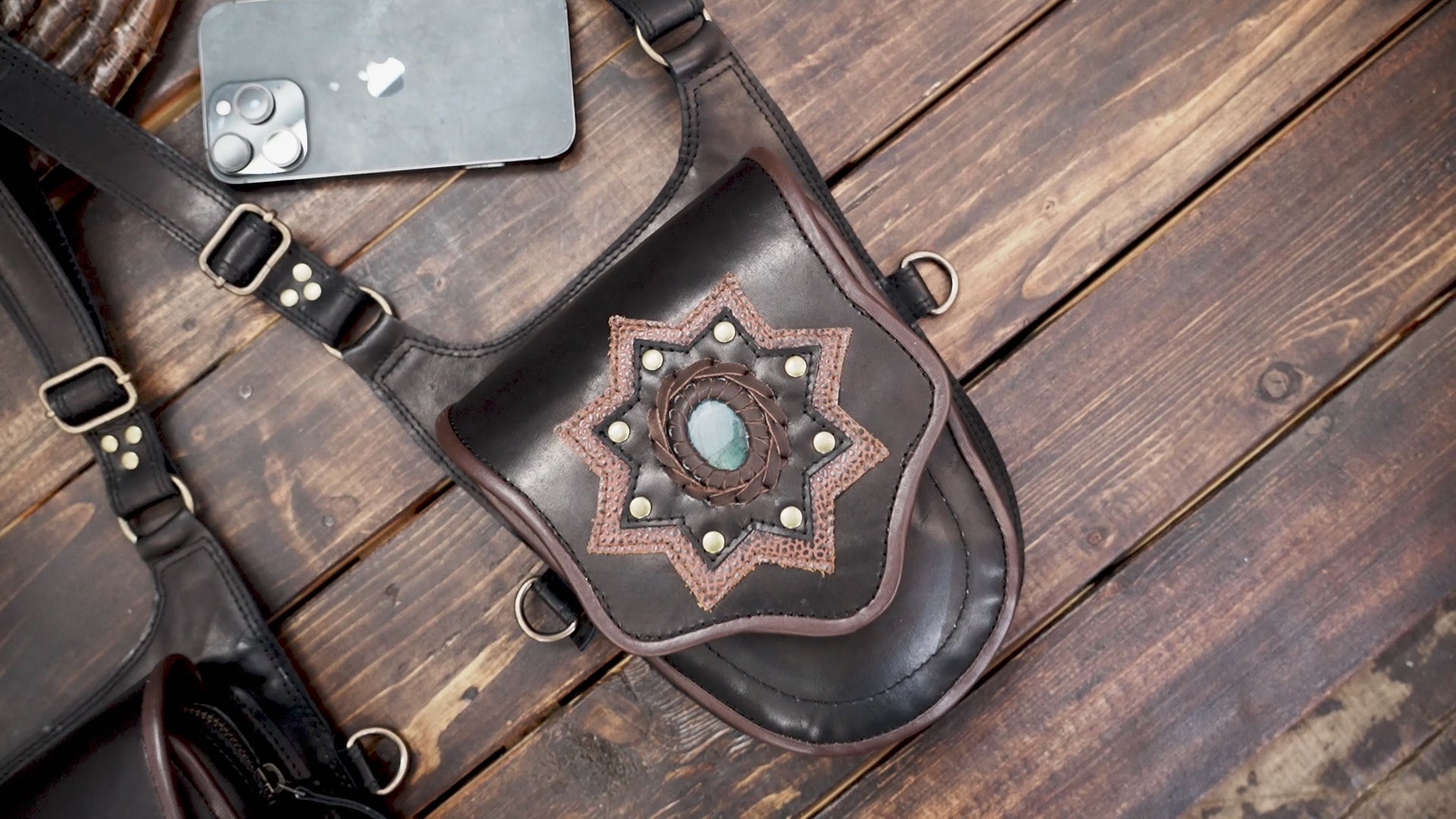 Steampunk fashion leather harness with two pouches