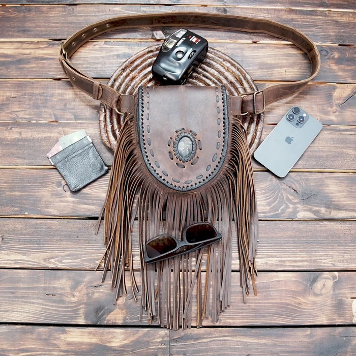 Buy Handmade Black Leather Fringe Waist Bag: Labradorite with gemstone 