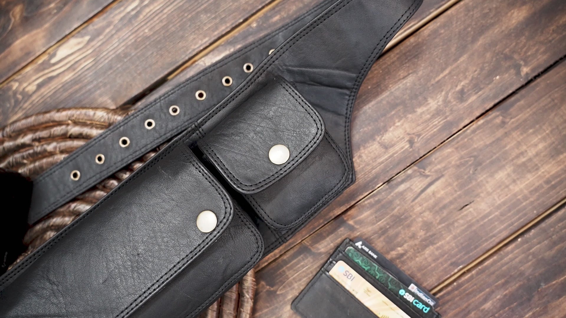 Genuine Black Leather Waist Belt with Multi-Pockets – Steampunk & Gothic Accessory